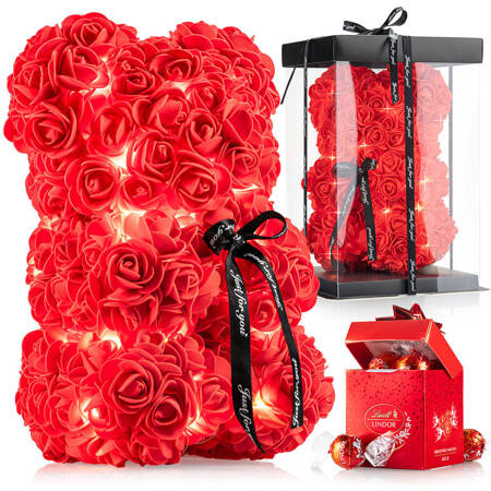 Różany MIŚ Róża Dzień Matki CZERWONY Płatki RÓŻ 25cm + praliny LINDT LINDOR